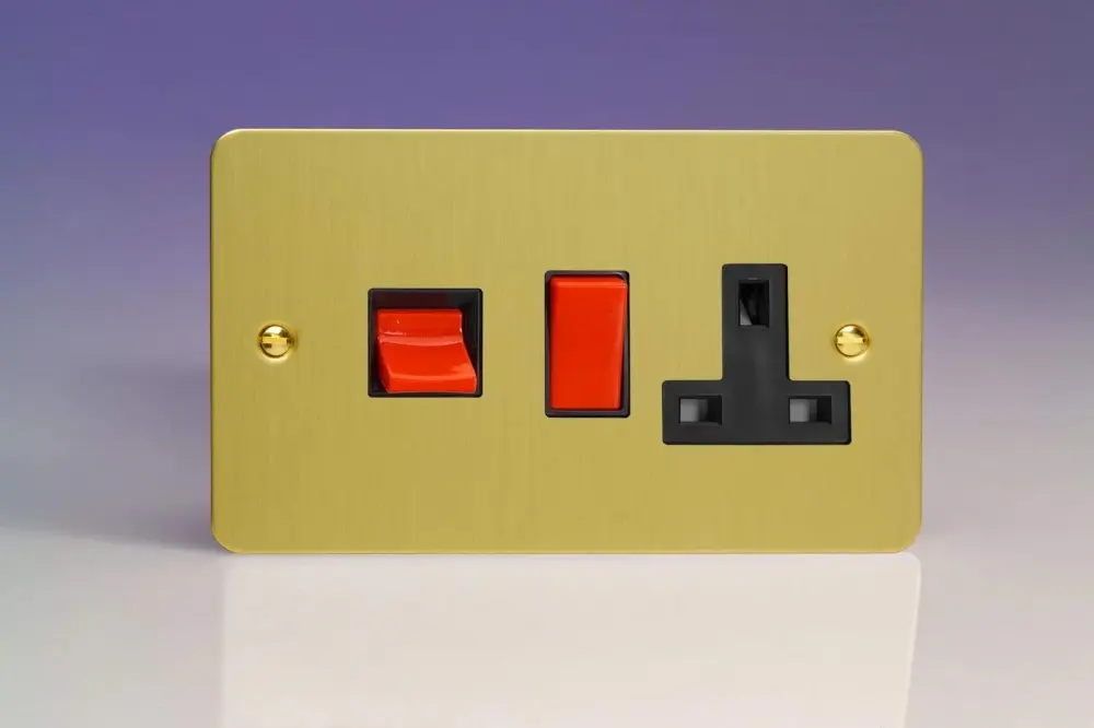 Varilight Ultra Flat Plate Brushed Warm alloy 45A Cooker Switch & 13A Plug Socket Black Insert XFB45PB Storage Case