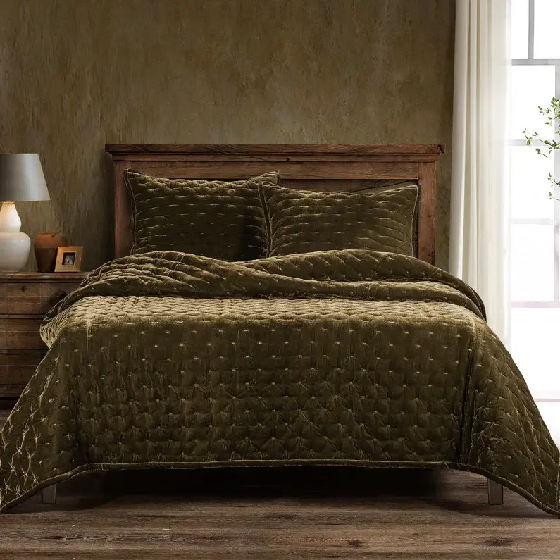 Stella Faux Silk Velvet Pintuck 3PC Quilt Set, Olive Ochre
