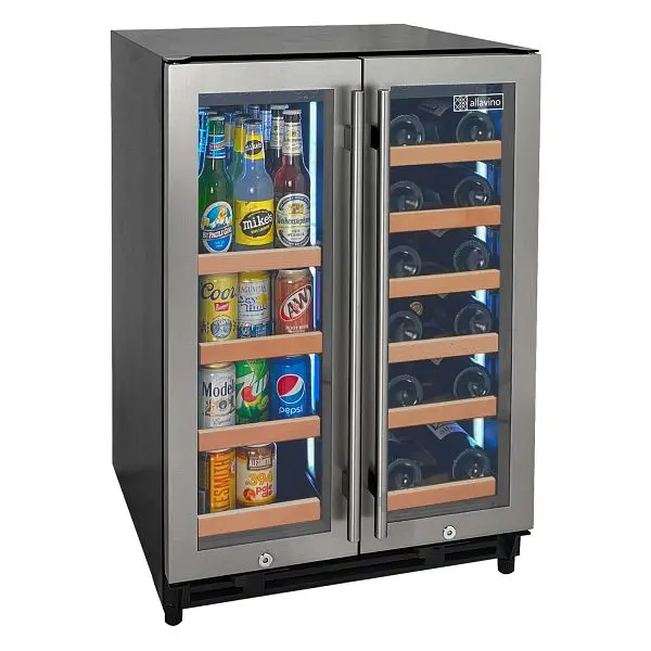 Allavino Multipurpose Reserva Series 24" Wide Two Door Stainless Steel Wine Refrigerator/Beverage Center Wood Front S...