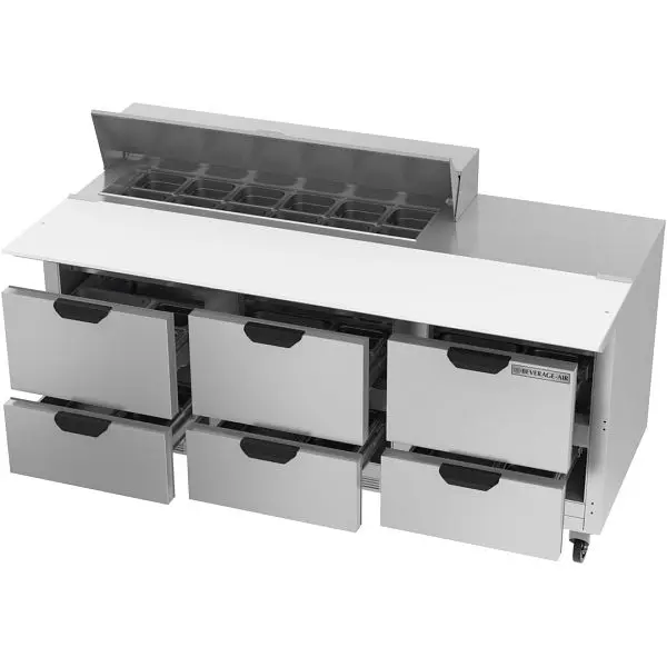 Beverage-Air Rust-Resistant Sandwich Prep Table Drawers & 17” Cutting Board, Exterior Dimensions: WxDxH: 72"W x...
