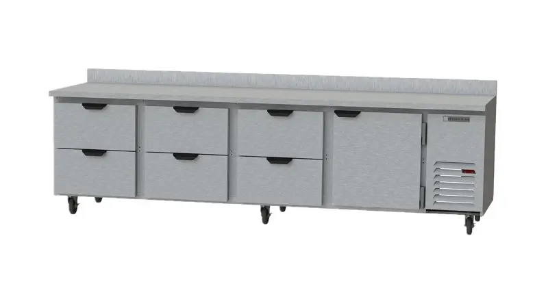 Beverage-Air Worktop Refrigerators Drawers, Exterior Dimensions: WxDxH: 119"W x 34"D x 39 1/2"H Casters, Dr...