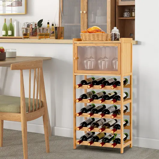 Costway 20-Flask Freestanding Bamboo Wine Rack Cabinet Presentation Shelf and Glass Hanger, Bare, JV10313NA