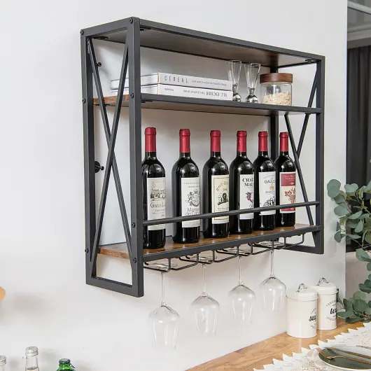 Costway 3-Tiers Industrial Wall Mounted Wine Rack Glass Holder and Metal Frame, JV10889