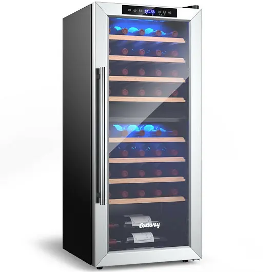 Costway 43 Bottle Wine Cooler Refrigerator Dual Zone Temperature Regulation 8 Shelves, Ebony, JV10091US-SL