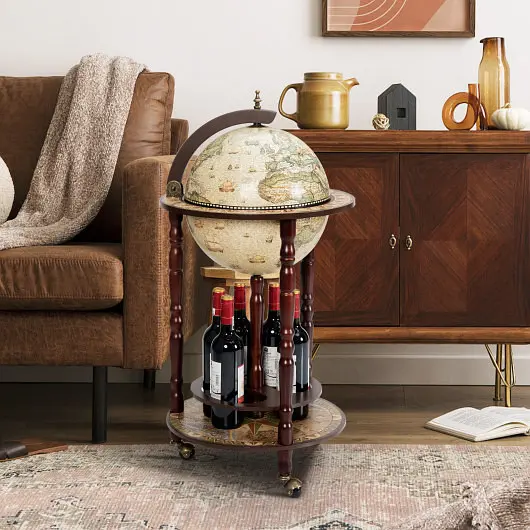 Costway 17 Inch Italian Style Design Wooden Globe Liquor Container Wine Rack Wheels, HW58775