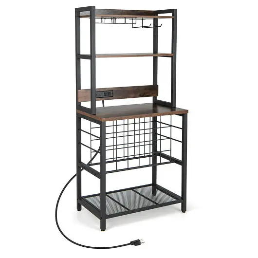 Costway Maximum-Strength Wine Bar Cabinet Wine Rack 4 Tier Storage Shelves and Glass Holders, Brown, JV11143US-CF