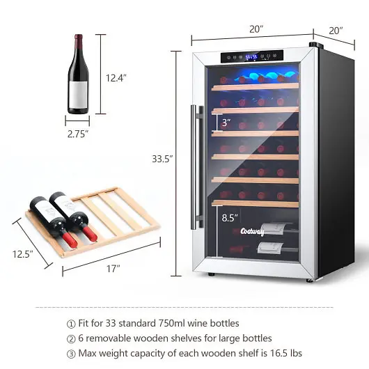 Costway Precision-Engineered 20 Inch Wine Refrigerator 33 Bottles and Tempered Glass Door, Polished Silver, JV10090US-SL