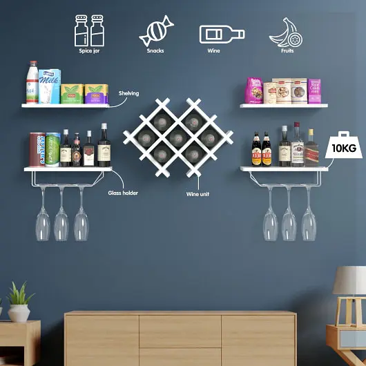 Costway Tool-Free Set 5 Wall Mount Wine Rack Set Storage Shelves, Cream, HW57392WH