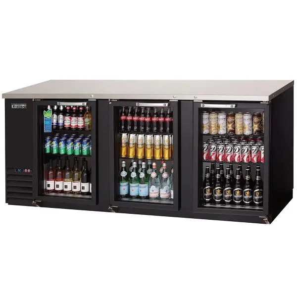 Everest Refrigeration 3 Glass Door Back Bar Cooler, 90" Length, 24" Depth - Jet Black Exterior, EBB90G-24