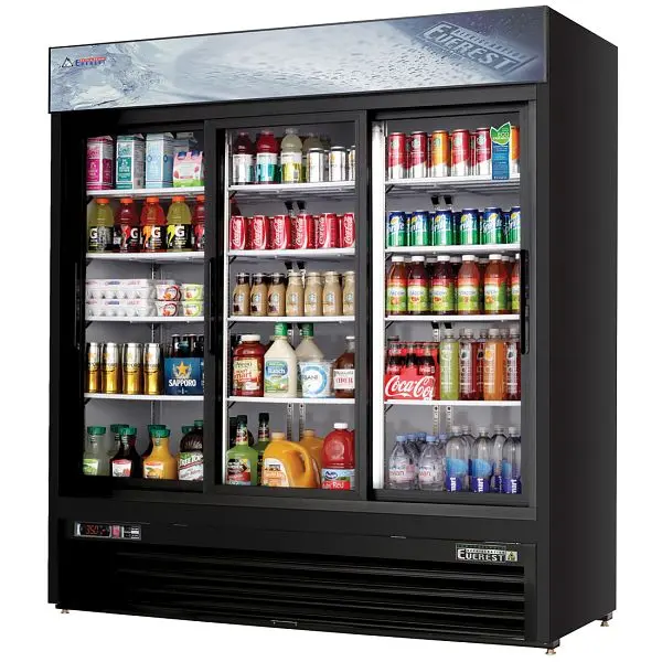 Everest Small Refrigeration 3 Door Refrigerator Merchandiser (Sliding), 69 cu ft - Black Exterior, EMGR69B Everest Refrige...