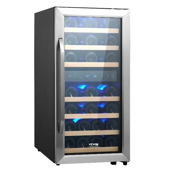 VEVOR Rugged 33-Bottle Wine Cooler Dual Zone Freestanding Refrigerator LED Light, DLSJJBXJJDZSDYT1HV1