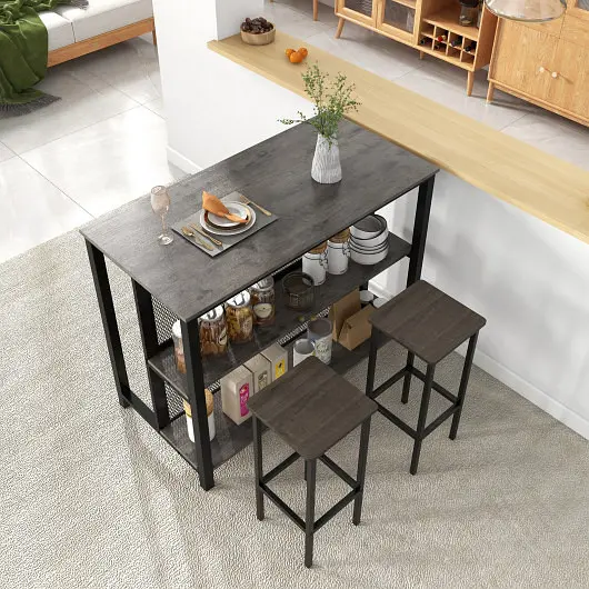 Costway 36" 3-Tier Bar Table Storage Metal Frame Adjustable Foot Pads Dining Room, Gray, JV11169GR