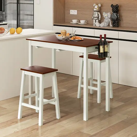 Costway 3-Piece Bar Table Set 2 Wine Holders and Wooden Legs, Pure White, KC56682WH