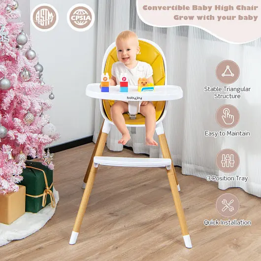 Costway 4--1 Convertible Baby High Chair Infant Feeding Chair Adjustable Tray, Yellow, AD10016YW