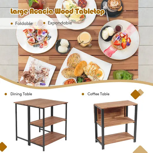 Costway Acacia Wood Patio Folding Dining Table Storage Shelves, OP70819