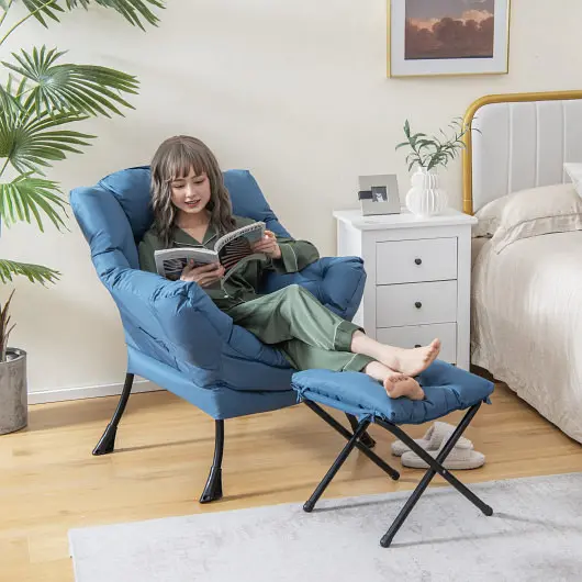 Costway Adjustable Modern Accent Sofa Chair Folding Footrest and Side Pocket, Navy, NP10119NY