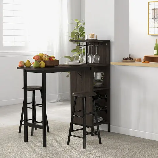 Costway Adjustable 3 Piece Bar Table and Chairs Set 6-Bottle Wine Rack, Bronze, JV10669BN
