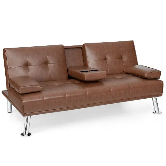 Costway All-Weather Convertible Folding Leather Futon Sofa Cup Holders and Armrests, Brown, HW66915CF