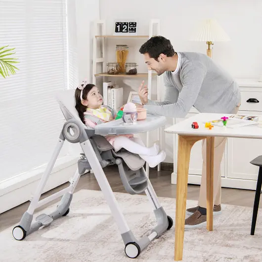 Costway Baby Folding Convertible High Chair Wheels and Adjustable Height, Silver Gray, AD10009GR