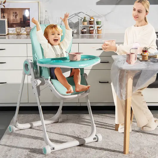 Costway Baby High Chair Foldable Feeding Chair 4 Lockable Wheels, Green, AD10011GN