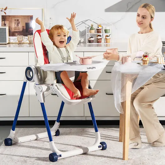 Costway Baby High Chair Foldable Feeding Chair 4 Lockable Wheels, Fire Red, AD10011CL