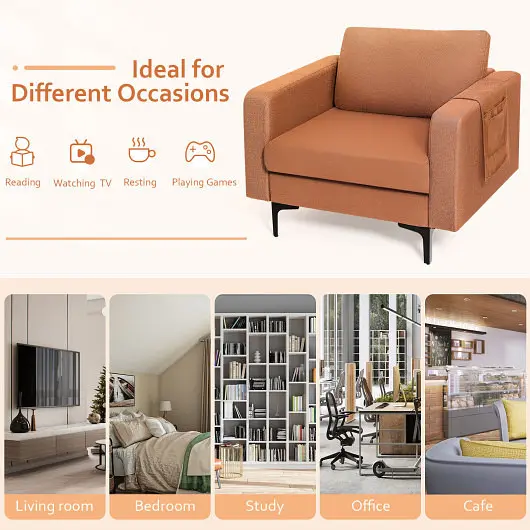 Costway Chemical-Resistant Modern Accent Armchair Side Storage Pocket, Orange, HV10299OG-+HV10299OG-F