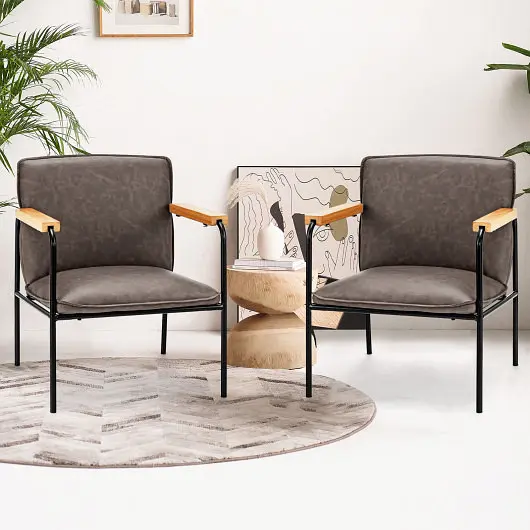 Costway Classic PU Leather Accent Chair Rubber Wood Armrests, Gray, HV10100GR