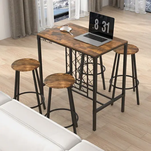 Costway Classic 5 Pieces Bar Table and Stools Set Wine Rack and Glass Holder, Rustic Brown, KC55678CF