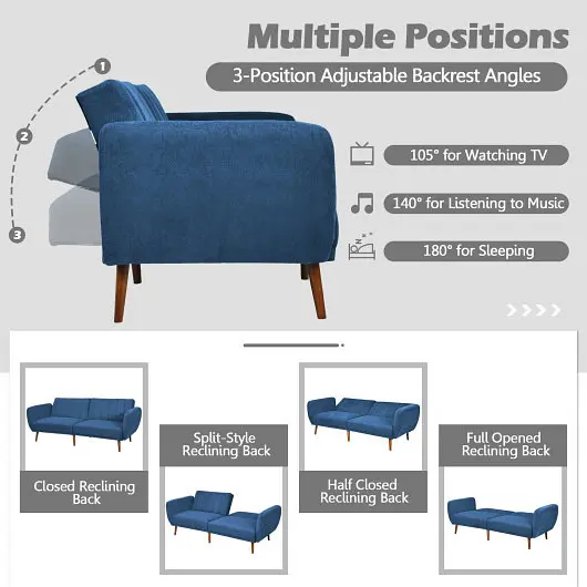 Costway Convertible Futon Sofa Bed Adjustable Couch Sleeper Wood Legs, Navy, HV10030NY