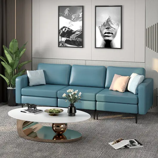 Costway Convertible Leather Sofa Couch Magazine Pockets 3, Seat 2 USB Port, Azure, HV10299NY-+HV10299NY-B+HV10299US-NY-C