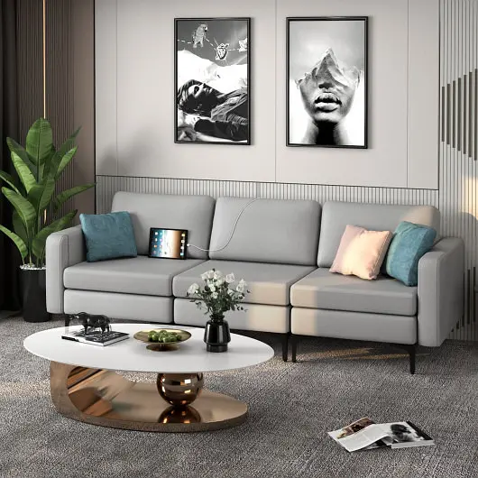 Costway Convertible Leather Sofa Couch Magazine Pockets 3, Seat 2 USB Port, Light Gray, HV10299SL-+HV10299SL-B+HV10299US-SL-C