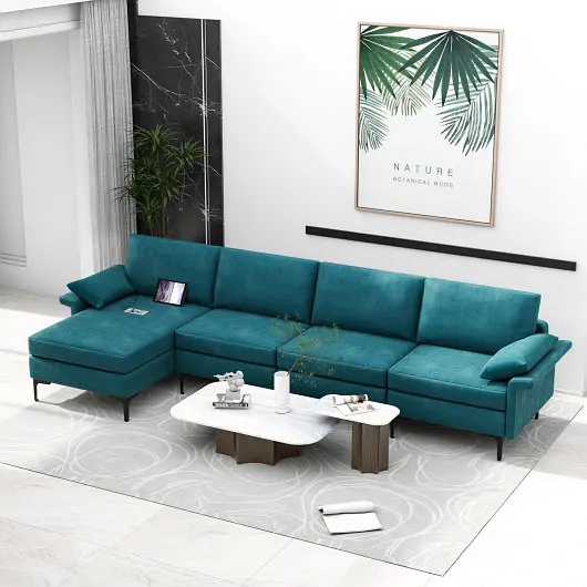 Costway Distinctive Extra Large L, Influenced Sectional Sofa Reversible Chaise and 2 USB Ports 4-5 People, Peacock Blue, H...