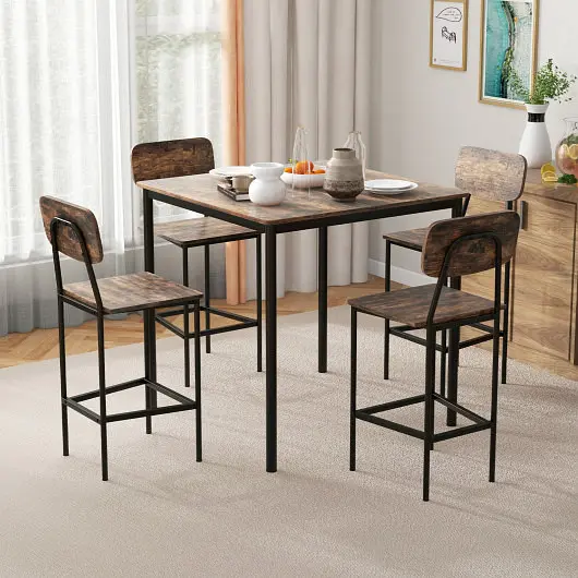 Costway 5 Each Industrial Dining Table Set Counter Height Table and 4 Bar Stools, Coffee, KC54181CF