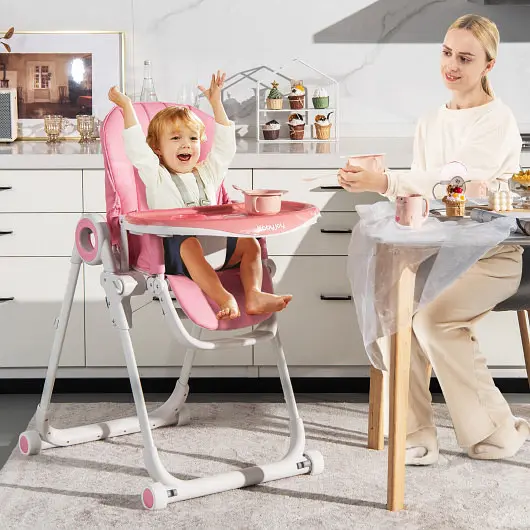 Costway Easy Baby High Chair Foldable Feeding Chair 4 Lockable Wheels, Pink, AD10011PI