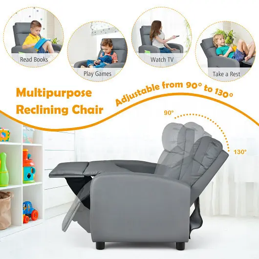 Costway Ergonomic PU Leather Kids Recliner Lounge Sofa 3-12 Age Group, Gunmetal, HV10099GR