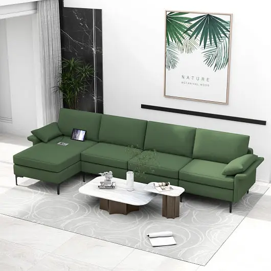 Costway Extra Large L, Influenced Sectional Sofa Reversible Chaise and 2 USB Ports 4-5 People, Army Green, HV10301GN-+B+E+D
