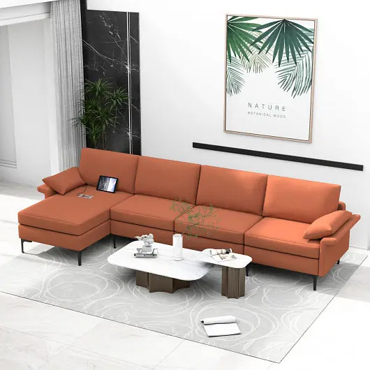 Costway Extra Large L, Influenced Sectional Sofa Reversible Chaise and 2 USB Ports 4-5 People, Rust Scarlet, HV10301RE-+B+E+D