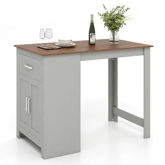 Costway Extra-Large Counter Height Bar Table Storage Cabinet and Drawer, Gray, JV10877LR