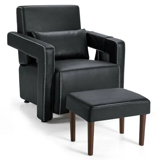 Costway Extra-Large Modern Berber Fleece Single Sofa Chair Ottoman and Waist Pillow, Black, HV10107DK