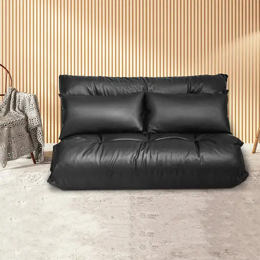 Costway Foldable PU Leather Leisure Floor Sofa Bed 2 Pillows, Matte Black, HW66070BK