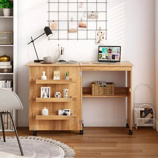 Costway Folding Sewing Craft Table Shelf Storage Cabinet Home Furniture, Natural, HW65668NA