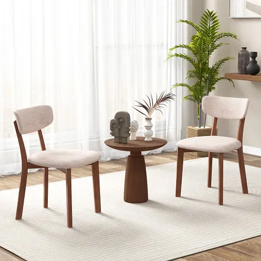 Costway Fortified Dining Chairs Set 2 Upholstered Mid-Back Chairs Solid Rubber Wood Frame, Beige, JV11608BN
