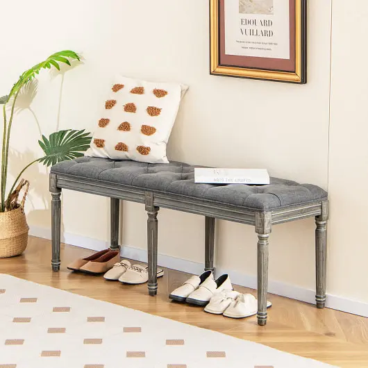 Costway French Vintage Entryway Bench 47" Upholstered Dining Bench, Gray, JV11415GR