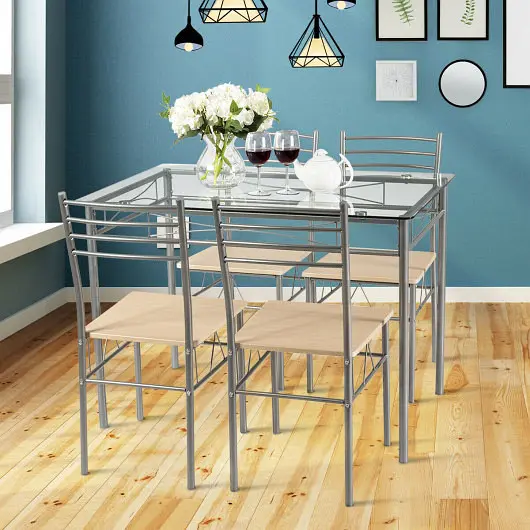 Costway Grip 5 Pieces Dining Set Glass Table and 4 Chairs, HW66274