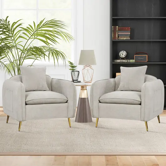 Costway High-Visibility Chenille Velvet Accent Chair Storage Pockets, Cream, HV10490WH