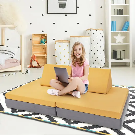 Costway High-Visibility 4 Pieces Convertible Kids Couch Set 2 Folding Mats, Yellow, HV10116YE