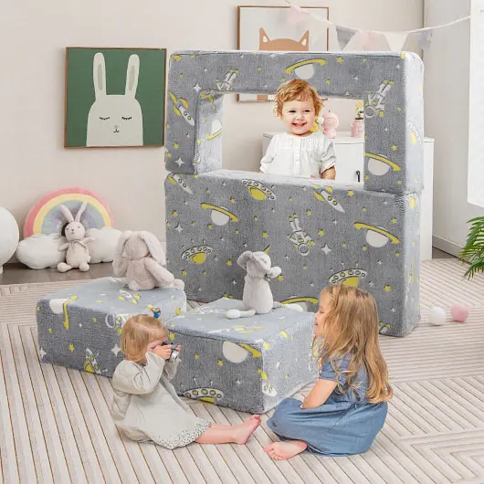 Costway Impact-Resistant Kids Play Sofa Ottoman and Removable & Machine Washable Cover, Grey, HY10149GR