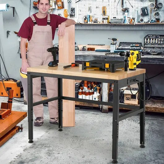 Costway 48 Inch Adjustable Solid Oak Workbench 2000lbs Heavy-Duty Socket Capacity, Natural, TH10020NA
