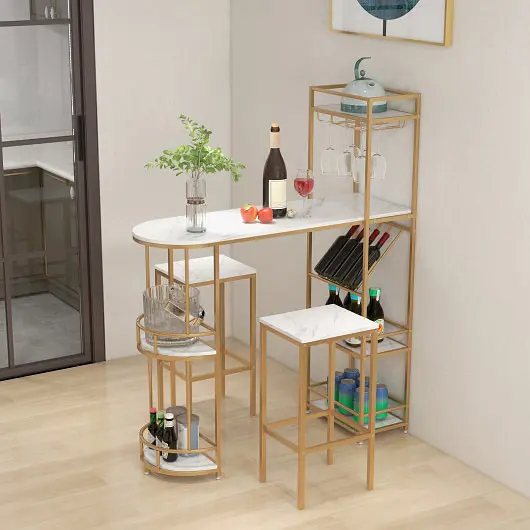 Costway 3 Individual Bar Table Set Storage Shelves and Wine Rack, Golden, JV11007WH