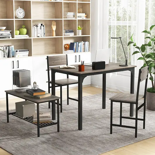 Costway 4 Individual Rustic Dining Table Set 2 Chairs and Bench, Charcoal, JV10180GR